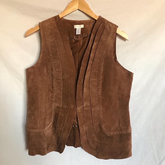 CHICO'S BROWN 100% GENUINE SUEDE LEATHER PLEATED VEST WOMEN'S SIZE M/8 - Picture 2 of 9